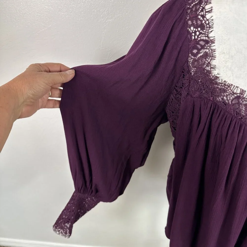 Free People Women M Oversized Square‎ Neck Lace Crepe Blouse Purple NWOT